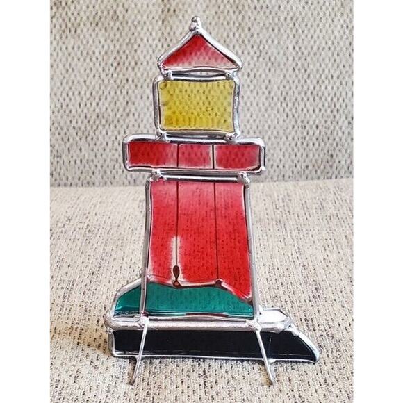 Red Lighthouse Stained Glass Standing SunCatcher Home Decor - Picture 2 of 6